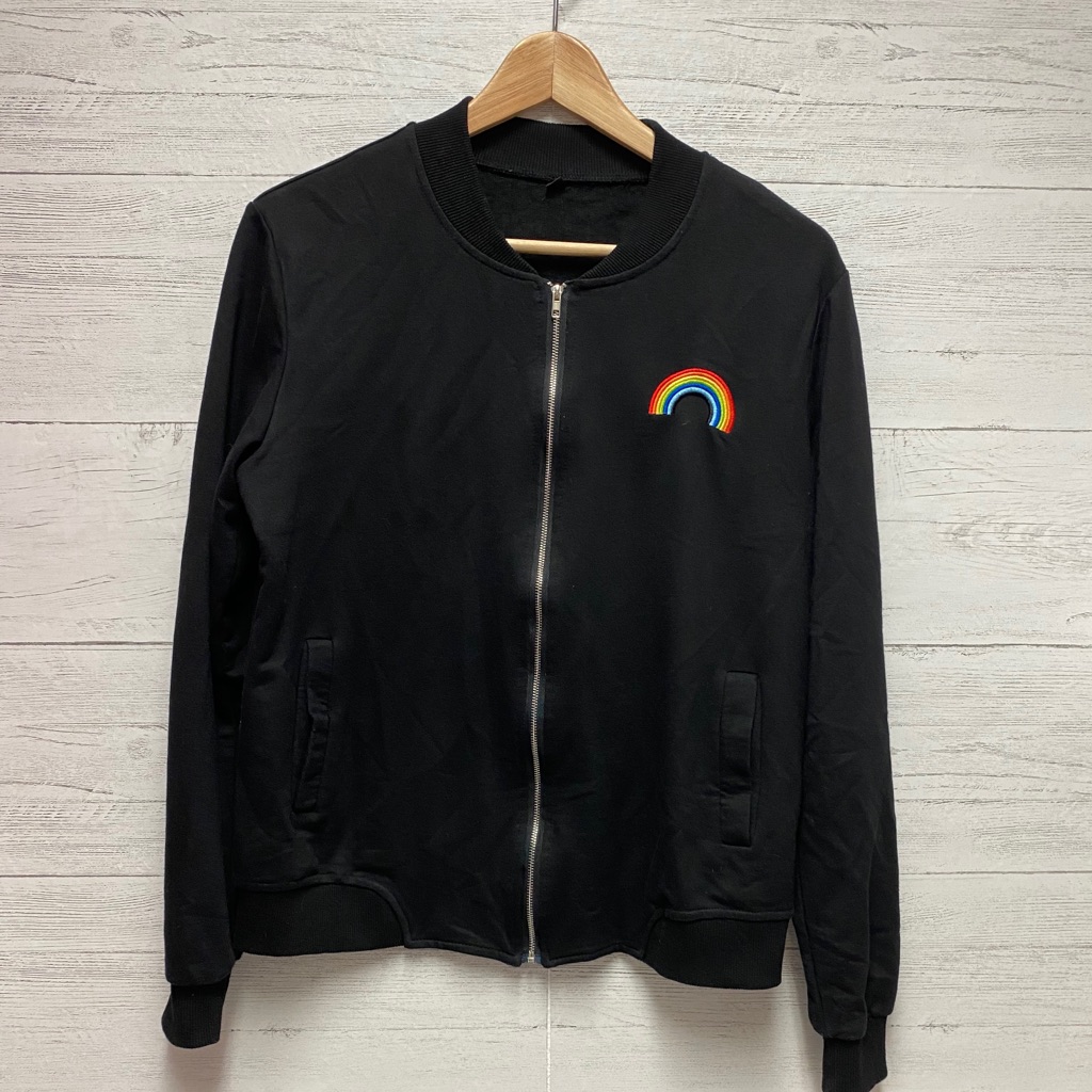 Women’s Large Black Zip Up Jacket Rainbow Patch L